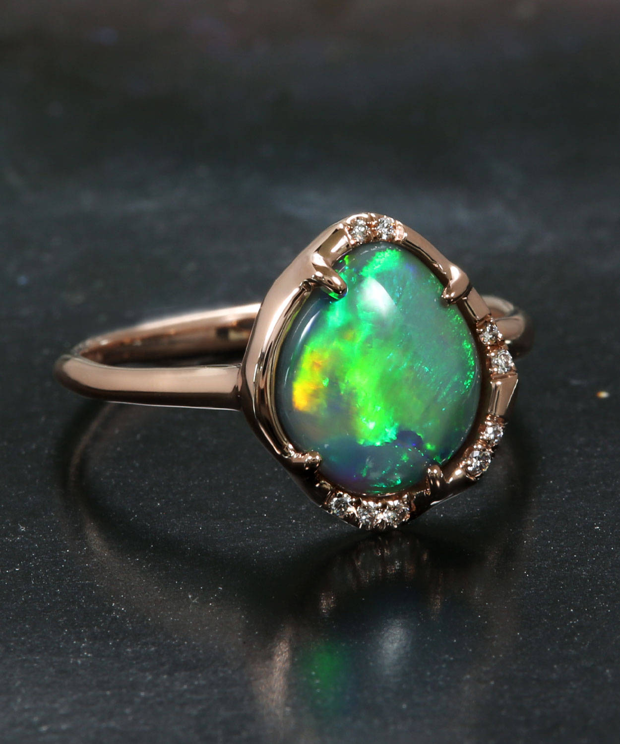 Aphenos Blinding Green Gem Flash Semi Black Opal Ring