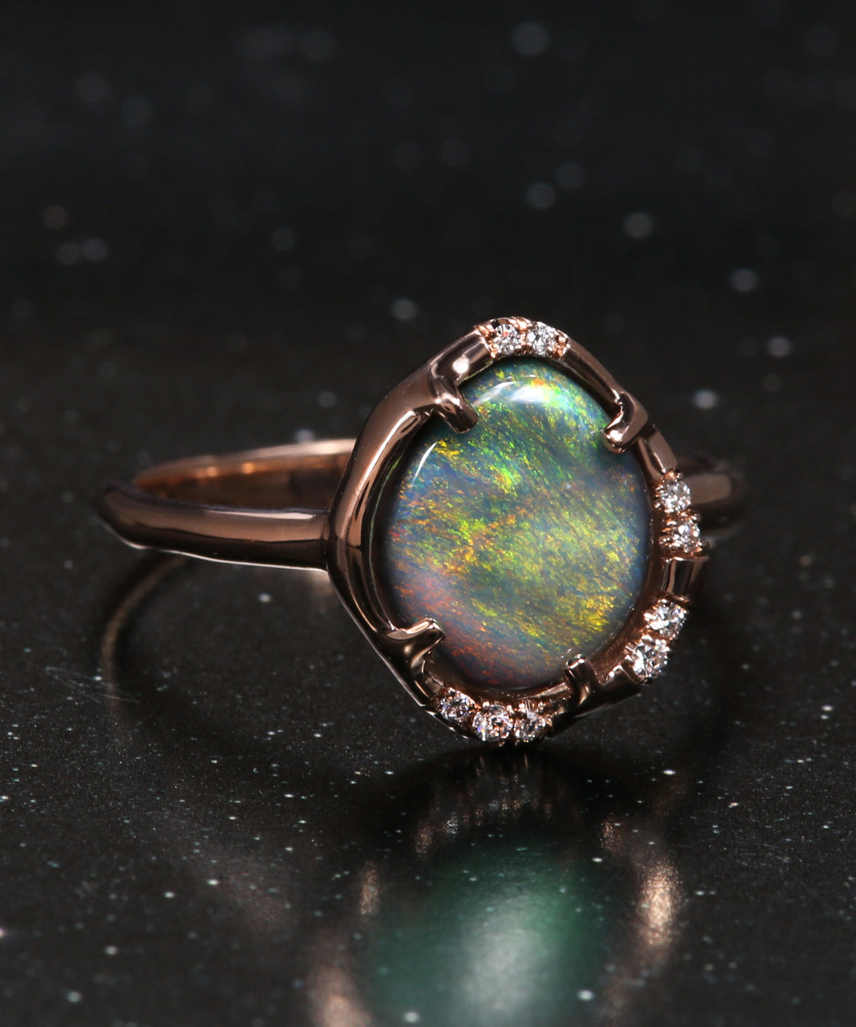 Aphenos Pastel Green Flash Black Opal Ring