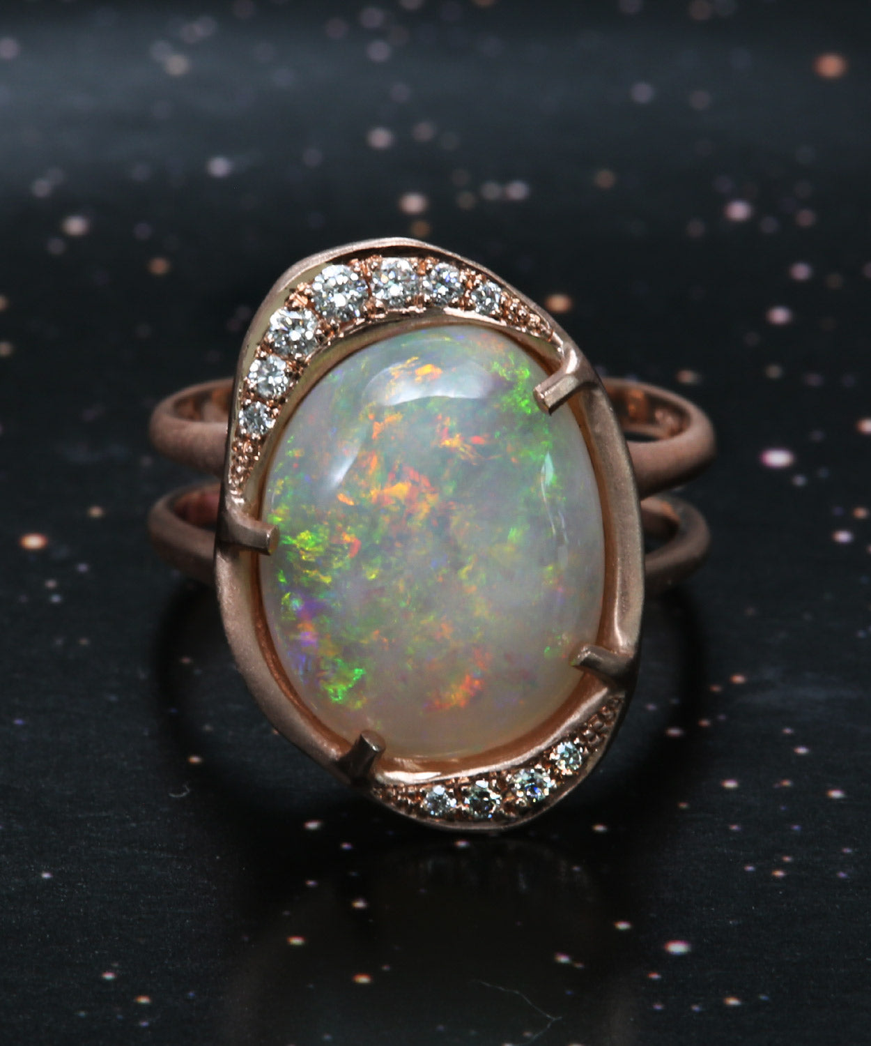 Intuition Moon Snowy Rainbow Flash Opal Ring