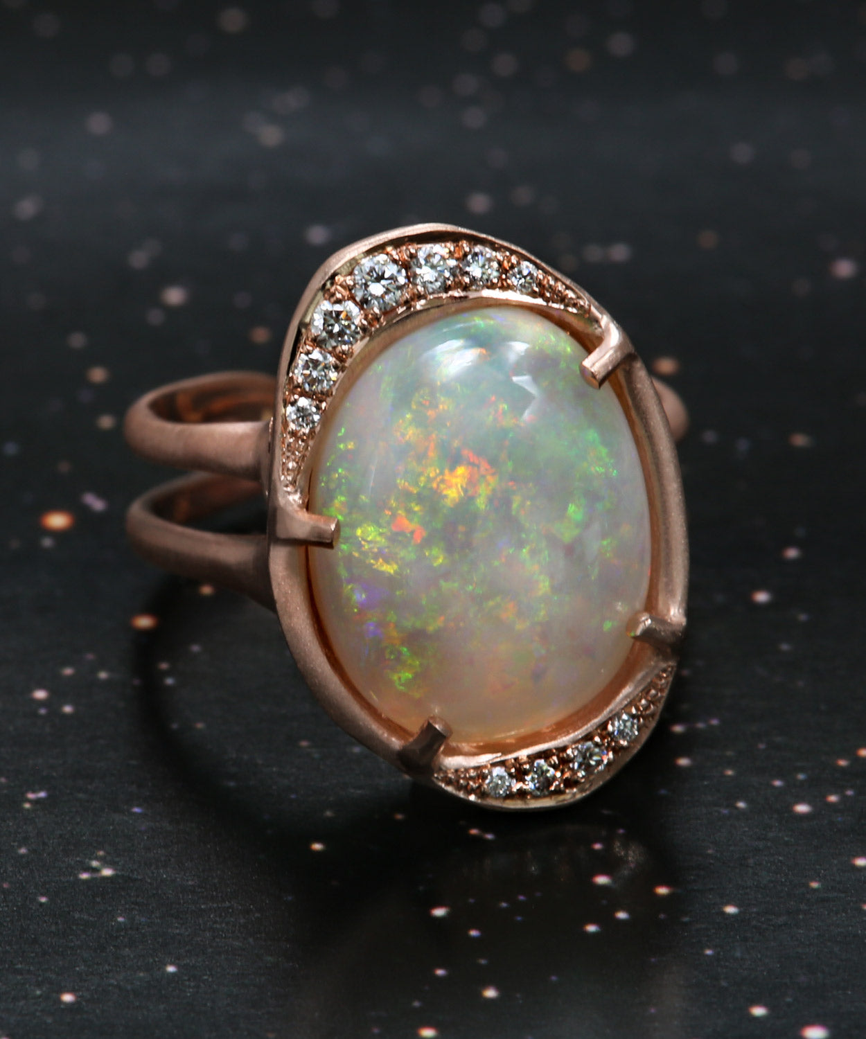 Intuition Moon Snowy Rainbow Flash Opal Ring