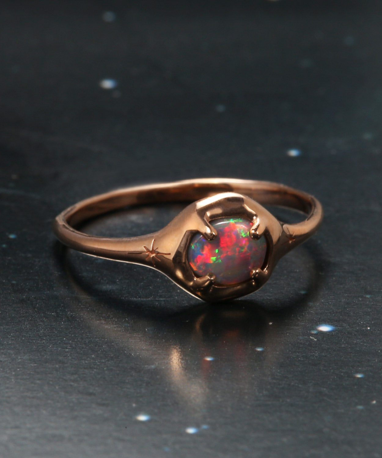 Rainbow Red Opal Moon Silhouette Ring