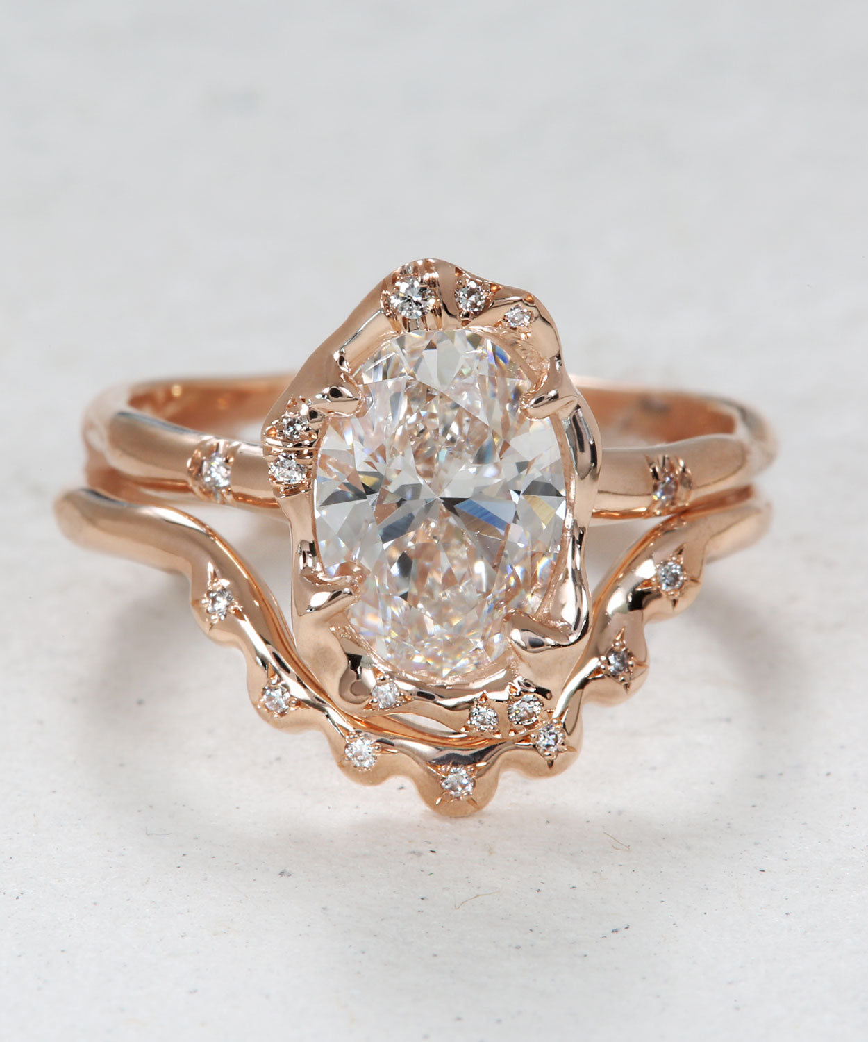 Shimmering Oval Diamond Engagement and Scallop Stack