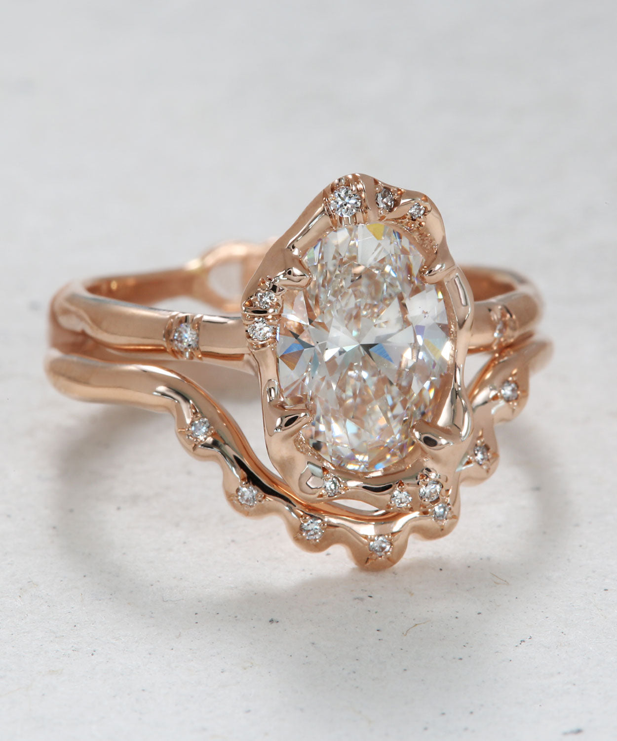 Shimmering Oval Diamond Engagement and Scallop Stack