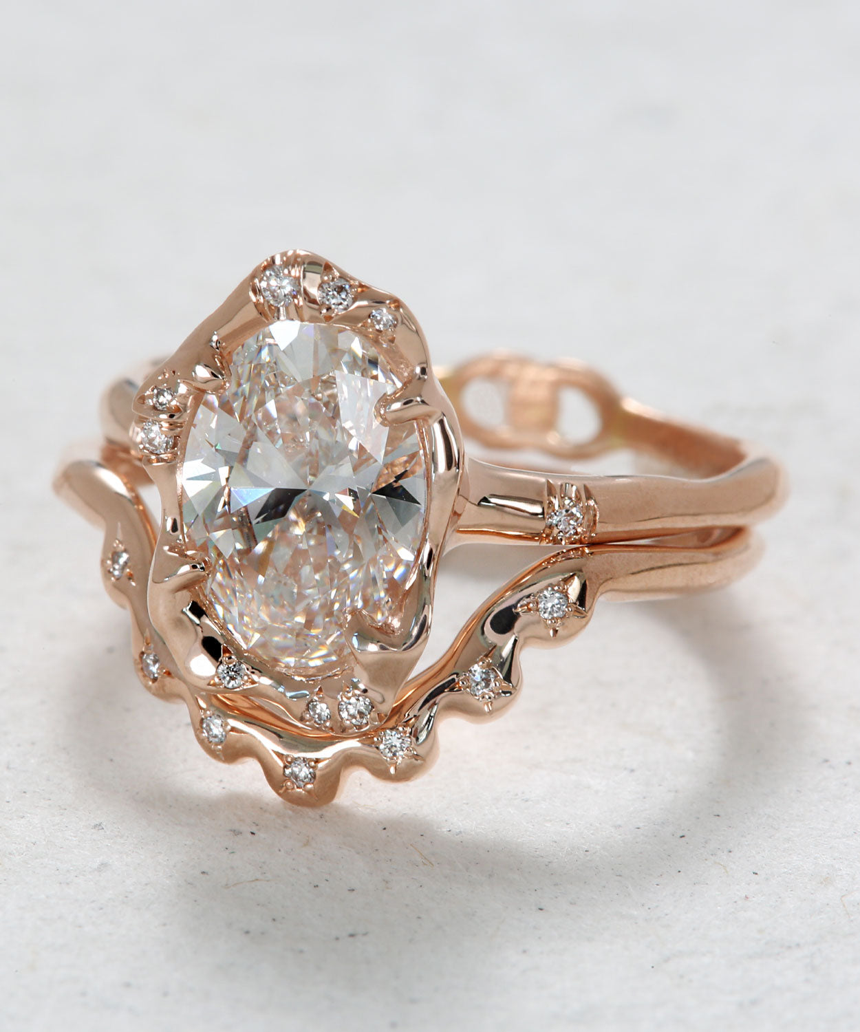 Shimmering Oval Diamond Engagement and Scallop Stack