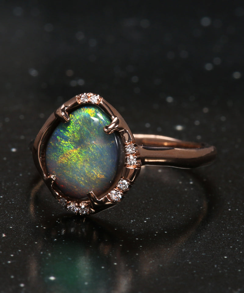 Aphenos Pastel Green Flash Black Opal Ring