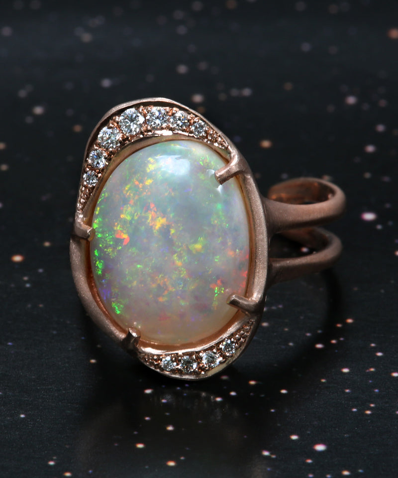 Intuition Moon Snowy Rainbow Flash Opal Ring