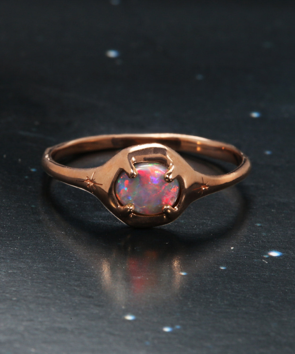 Rainbow Red Opal Moon Silhouette Ring